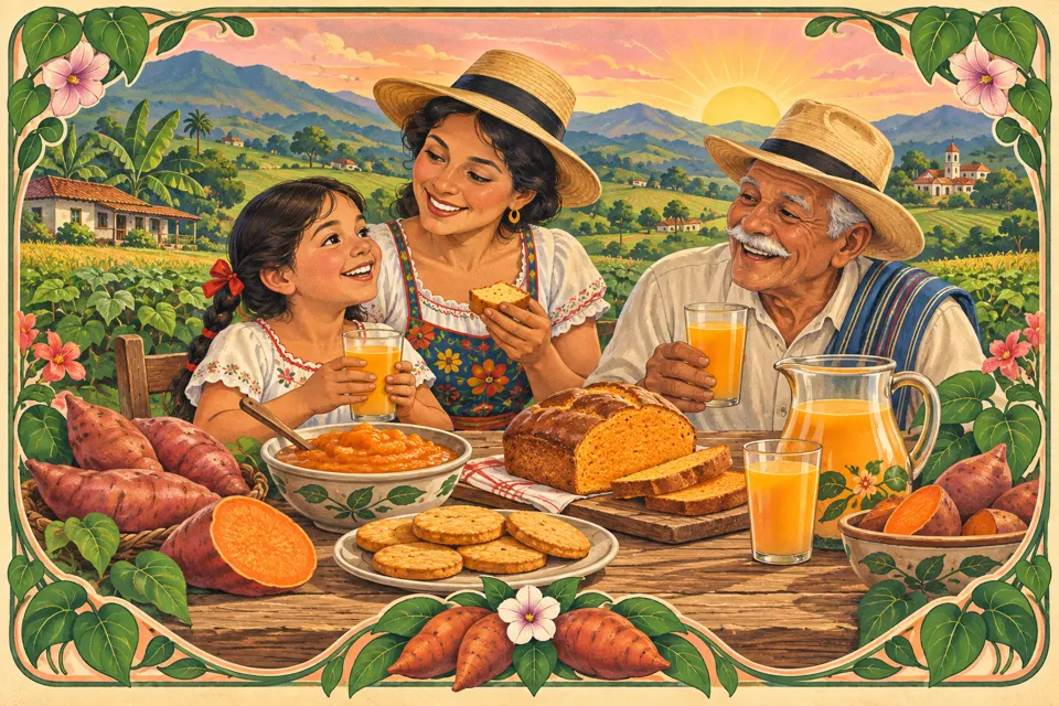 Ilustración estilo etiqueta: niña, madre y abuelo comparten alimentos de batata en la mesa