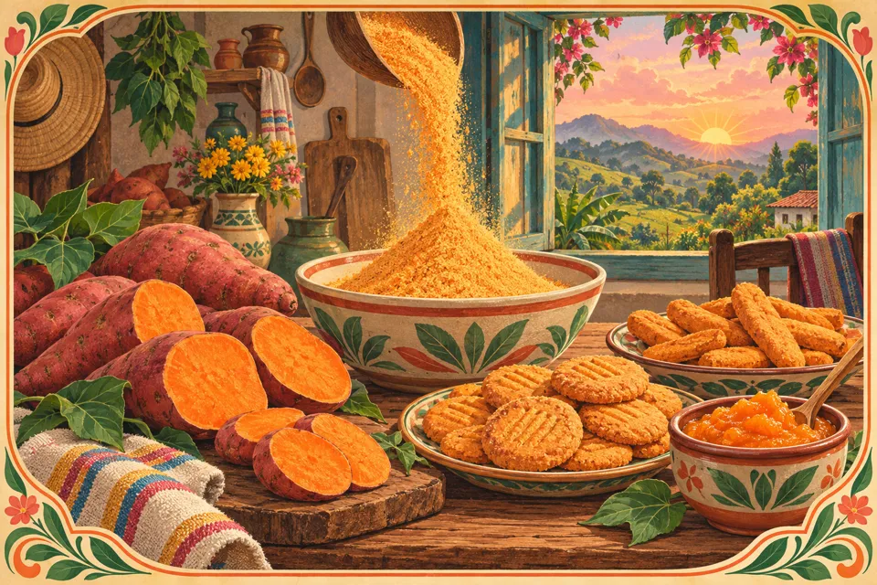 Ilustración estilo etiqueta: batatas que se transforman en harina, galletas, deditos y compota